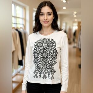 Cream Long Sleeve Shirt with Black Pattern